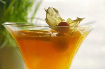Orange cocktail in a martini glass garnished with a light green physalis husk and berry, close-up detail at the rim.
