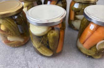 Close-up of glass pickling jars with metal lids on a gray countertop, containing carrots, onions, and herbs in brine.