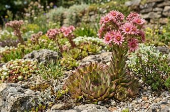Rosette succulent with pink star-shaped flowers blooming on a tall stalk in a rocky garden.