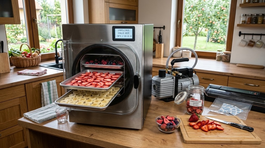 Stainless steel fruit dehydrator on a kitchen island with trays of sliced strawberries and bananas being dried on two levels.