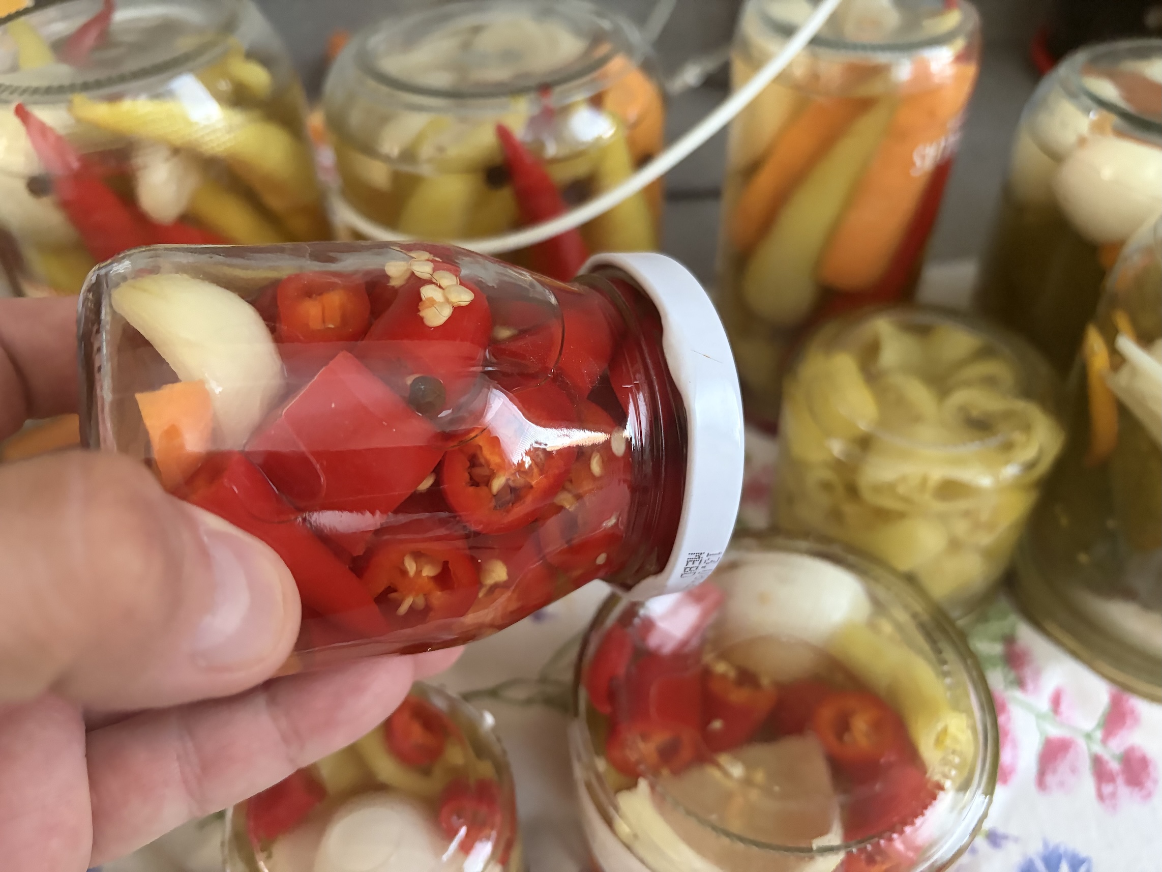 Close-up of a hand holding a small glass jar filled with sliced red peppers and seeds among other pickled jars in the background.