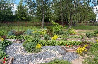 Colorful garden with gravel paths and low wooden planters, lush greenery, and trees beyond a red fence under a blue sky
